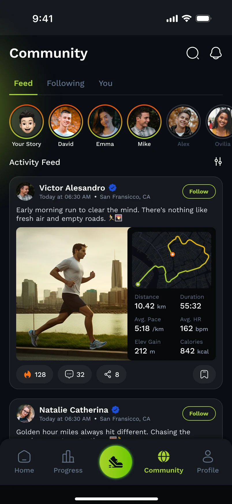 The community feed, showing a shared run with a photo, its route and its figures